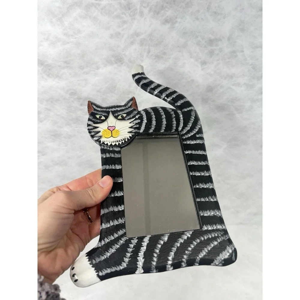 Hand Painted Wood Cat Mirror Black Tabby Wall Decor Folk Art Indonesia 12
